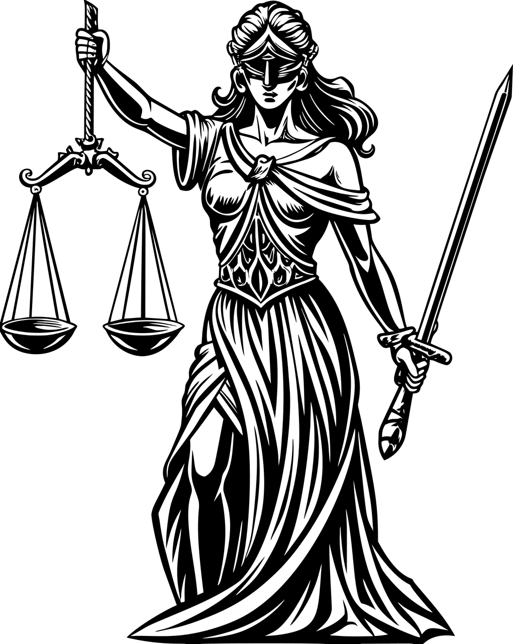 representación de la señora de la justicia con una espada y una balanza del lado izquierdo