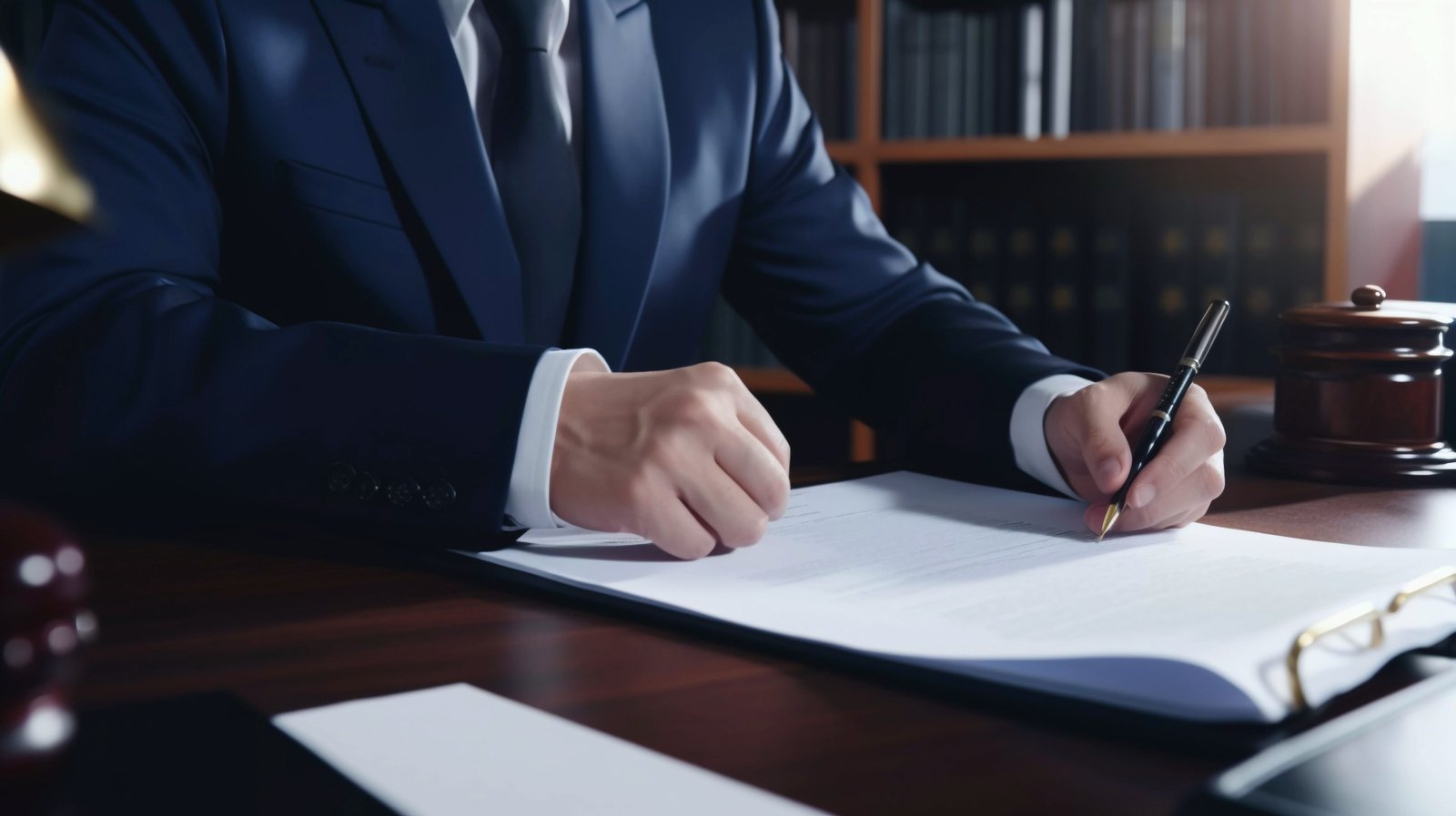 abogado en su despacho realizando un escrito